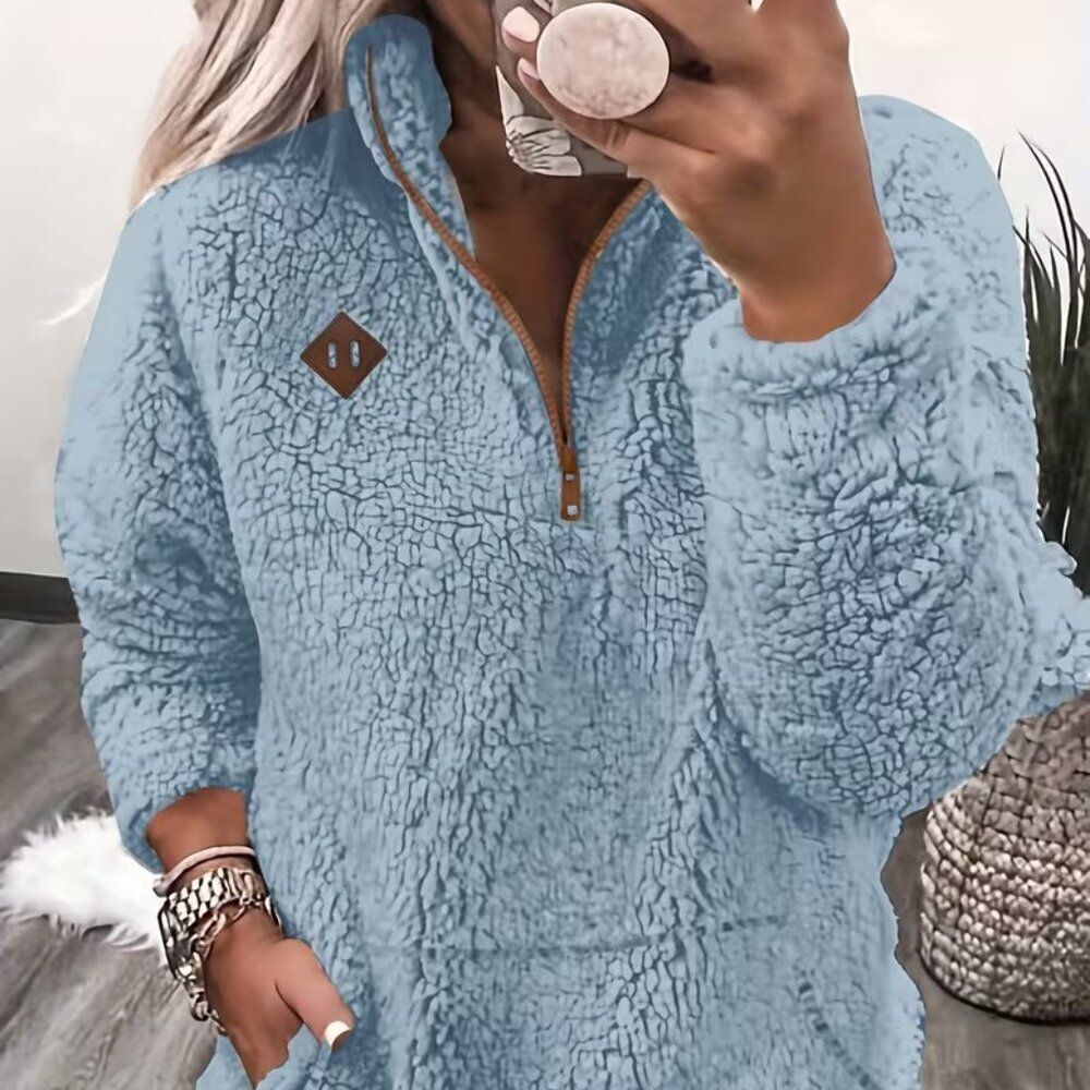 Women's Cozy Zip-Up Sweater High Neck Long Sleeve w Pockets Sz L Color Sea Blue